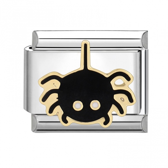 Picture of 1 Piece 304 Stainless Steel Italian Charm Links For DIY Bracelet Jewelry Making Silver Tone Black Rectangle Halloween Spider 10mm x 9mm