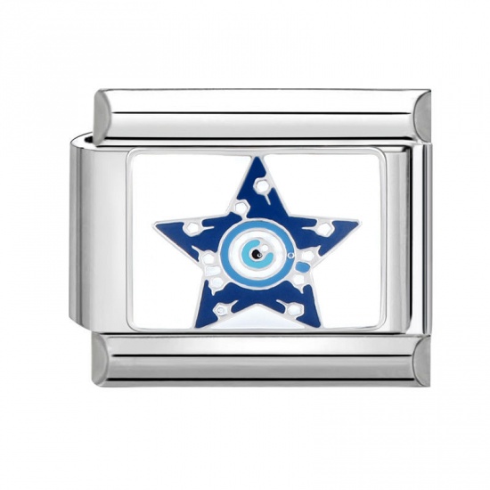 Picture of 1 Piece 304 Stainless Steel Italian Charm Links For DIY Bracelet Jewelry Making Silver Tone Blue Rectangle Pentagram Star 10mm x 9mm
