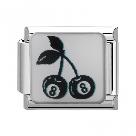 Imagen de 1 Piece 304 Stainless Steel Italian Charm Links For DIY Bracelet Jewelry Making Silver Tone Black Rectangle Cherry Fruit 10mm x 9mm