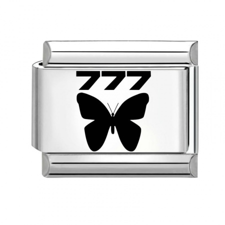 Picture of 1 Piece 304 Stainless Steel Italian Charm Links For DIY Bracelet Jewelry Making Silver Tone Black Rectangle Butterfly Message " 777 " 10mm x 9mm