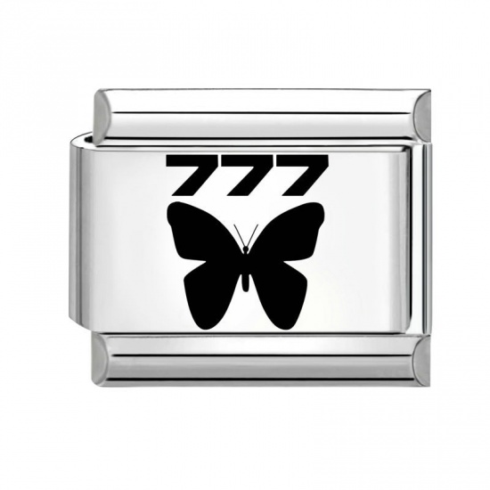 Immagine di 1 Piece 304 Stainless Steel Italian Charm Links For DIY Bracelet Jewelry Making Silver Tone Black Rectangle Butterfly Message " 777 " 10mm x 9mm