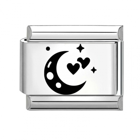 Picture of 1 Piece 304 Stainless Steel Italian Charm Links For DIY Bracelet Jewelry Making Silver Tone Black Rectangle Moon 10mm x 9mm