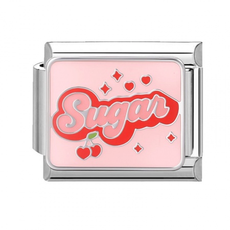 Picture of 1 Piece 304 Stainless Steel Stylish Italian Charm Links For DIY Bracelet Jewelry Making Silver Tone Pink Rectangle Message " SUGAR " 10mm x 9mm