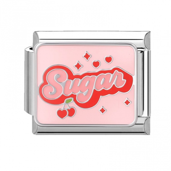 Immagine di 1 Piece 304 Stainless Steel Stylish Italian Charm Links For DIY Bracelet Jewelry Making Silver Tone Pink Rectangle Message " SUGAR " 10mm x 9mm