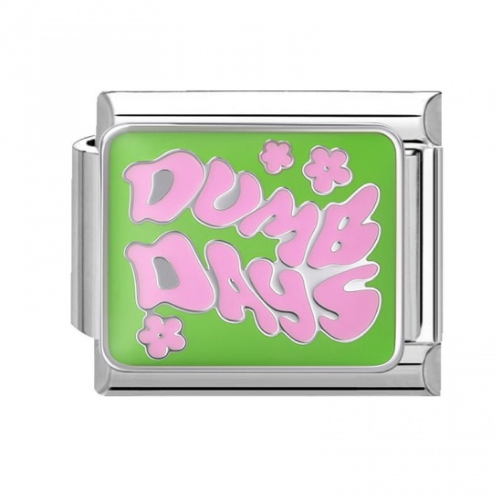 Immagine di 1 Piece 304 Stainless Steel Stylish Italian Charm Links For DIY Bracelet Jewelry Making Silver Tone Green Rectangle Message " Dumb Days " 10mm x 9mm