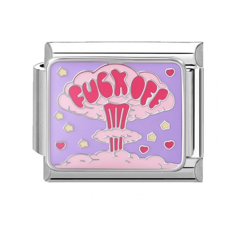 Picture of 1 Piece 304 Stainless Steel Stylish Italian Charm Links For DIY Bracelet Jewelry Making Silver Tone Multicolor Rectangle Message " FUCK OFF " 10mm x 9mm