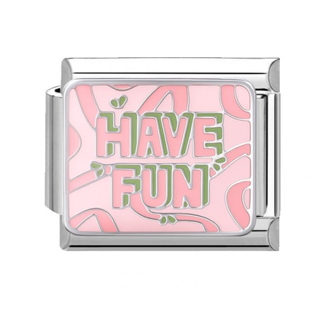 Picture of 1 Piece 304 Stainless Steel Stylish Italian Charm Links For DIY Bracelet Jewelry Making Silver Tone Pink Rectangle Message " Have Fun " 10mm x 9mm