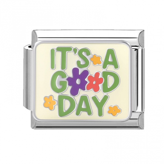 Immagine di 1 Piece 304 Stainless Steel Stylish Italian Charm Links For DIY Bracelet Jewelry Making Silver Tone Multicolor Rectangle Message " It's Good Day " 10mm x 9mm