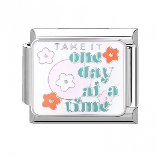 Immagine di 1 Piece 304 Stainless Steel Stylish Italian Charm Links For DIY Bracelet Jewelry Making Silver Tone Multicolor Rectangle Message " One Day At A Time " 10mm x 9mm
