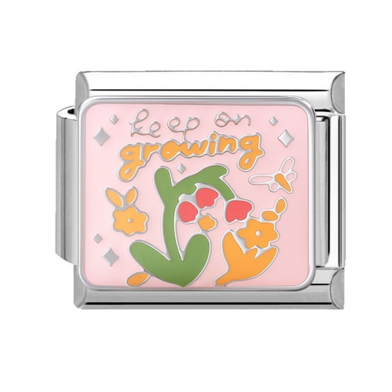 Image de 1 Pièce Bracelet à Maillons Breloques Italiens Accessories de Fabrication de Bracelets Bijoux DIY en 304 Acier Inoxydable Argent Mat Multicolore Rectangle Fleurs Mots " Growing " 10mm x 9mm
