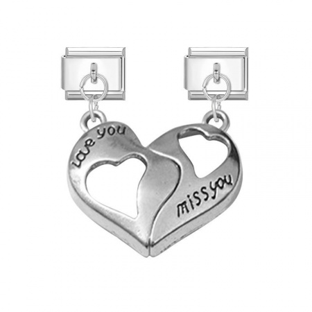Picture of 1 Pair 304 Stainless Steel Valentine's Day Italian Charm Links For DIY Bracelet Jewelry Making Wholesale Silver Tone Broken Heart Message " Love You " Hollow 10mm x 9mm