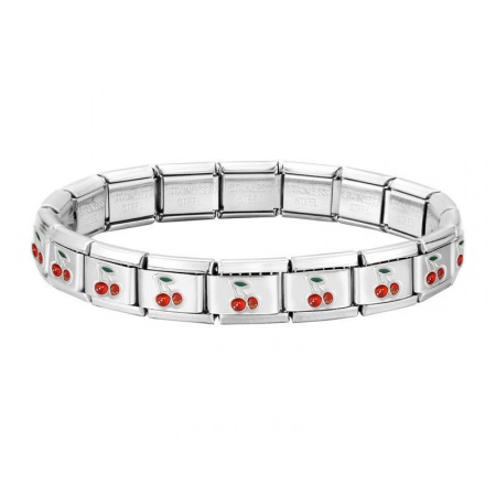 Picture of 1 Piece 304 Stainless Steel Silver Tone Italian Charm Links Modular Bracelets, Simple & Casual Cute Cherry Fruit Red Detachable, For Women Gift 18cm(7.1") long