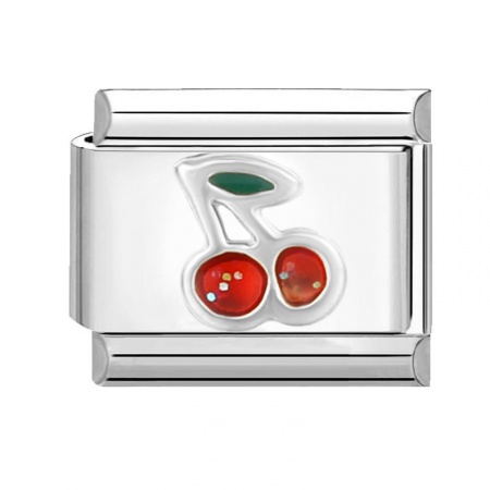Picture of 1 Piece 304 Stainless Steel Italian Charm Links For DIY Bracelet Jewelry Making Silver Tone Red Rectangle Cherry Fruit 10mm x 9mm