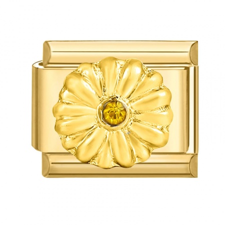 Picture of 1 Piece 304 Stainless Steel Italian Charm Links For DIY Bracelet Jewelry Making Gold Plated Rectangle Daisy Flower Yellow Rhinestone 10mm x 9mm