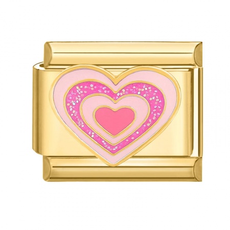 Picture of 1 Piece 304 Stainless Steel Valentine's Day Italian Charm Links For DIY Bracelet Jewelry Making Gold Plated Pink Rectangle Heart 10mm x 9mm
