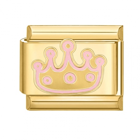 Picture of 1 Piece 304 Stainless Steel Italian Charm Links For DIY Bracelet Jewelry Making Gold Plated Pink Rectangle Crown 10mm x 9mm