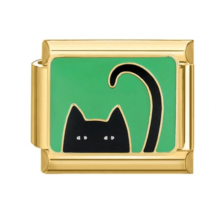 Picture of 1 Piece 304 Stainless Steel Italian Charm Links For DIY Bracelet Jewelry Making Gold Plated Black Rectangle Cat 10mm x 9mm