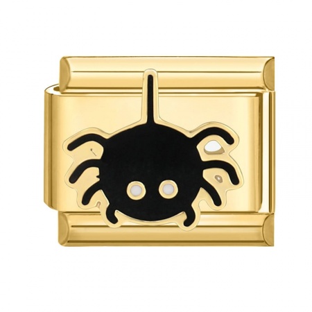 Picture of 1 Piece 304 Stainless Steel Italian Charm Links For DIY Bracelet Jewelry Making Gold Plated Black Rectangle Halloween Spider 10mm x 9mm