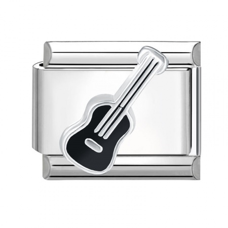 Picture of 1 Piece 304 Stainless Steel Italian Charm Links For DIY Bracelet Jewelry Making Silver Tone Black Rectangle Guitar 10mm x 9mm