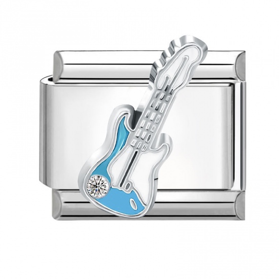 Immagine di 1 Pz 304 Acciaio Inossidabile Bracciale con Charm Italiano a Maglie, Creazione di Gioielli Fai-da-te Tono Argento Blu Rettangolo Chitarra Trasparente Strass 10mm x 9mm
