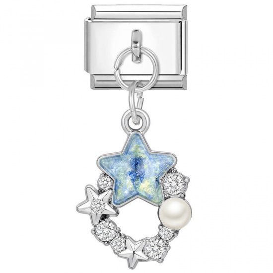 Image de 1 Pièce Bracelet à Maillons Breloques Italiens Accessories de Fabrication de Bracelets Bijoux DIY en 304 Acier Inoxydable Argent Mat Bleu Ciel Etoile 10mm x 9mm