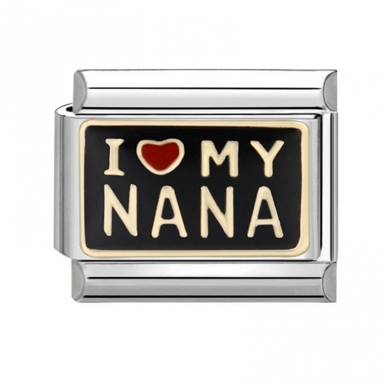 Immagine di 1 Pz 304 Acciaio Inossidabile Bracciale con Charm Italiano a Maglie, Creazione di Gioielli Fai-da-te Tono Argento Nero Rettangolo Messaggio " I Love My Nana " 10mm x 9mm