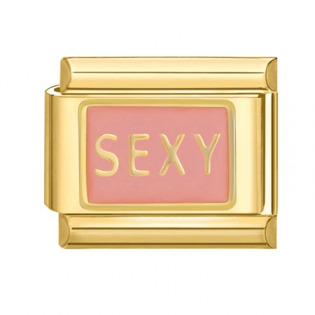 Picture of 1 Piece 304 Stainless Steel Italian Charm Links For DIY Bracelet Jewelry Making Gold Plated Pink Rectangle Message " sexy " 10mm x 9mm