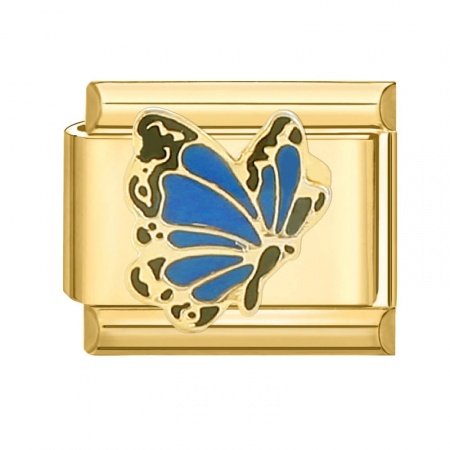 Picture of 1 Piece 304 Stainless Steel Italian Charm Links For DIY Bracelet Jewelry Making Gold Plated Blue Rectangle Butterfly 10mm x 9mm