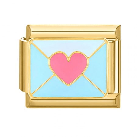 Picture of 1 Piece 304 Stainless Steel Valentine's Day Italian Charm Links For DIY Bracelet Jewelry Making Gold Plated Multicolor Rectangle Heart 10mm x 9mm