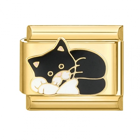 Picture of 1 Piece 304 Stainless Steel Italian Charm Links For DIY Bracelet Jewelry Making Gold Plated Black Rectangle Cat 10mm x 9mm