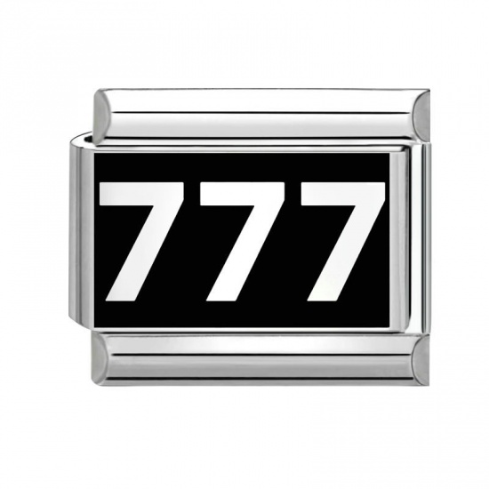 Immagine di 1 Pz 304 Acciaio Inossidabile Bracciale con Charm Italiano a Maglie, Creazione di Gioielli Fai-da-te Tono Argento Nero Rettangolo Messaggio " 777 " 10mm x 9mm