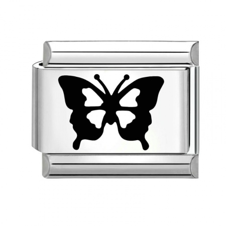 Picture of 1 Piece 304 Stainless Steel Italian Charm Links For DIY Bracelet Jewelry Making Silver Tone Black Rectangle Butterfly 10mm x 9mm