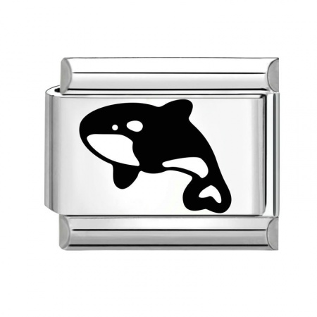 Picture of 1 Piece 304 Stainless Steel Italian Charm Links For DIY Bracelet Jewelry Making Silver Tone Black Rectangle Whale Animal 10mm x 9mm
