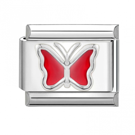 Image de 1 Pièce Bracelet à Maillons Breloques Italiens Accessories de Fabrication de Bracelets Bijoux DIY en 304 Acier Inoxydable Argent Mat Rouge Rectangle Papillons 10mm x 9mm