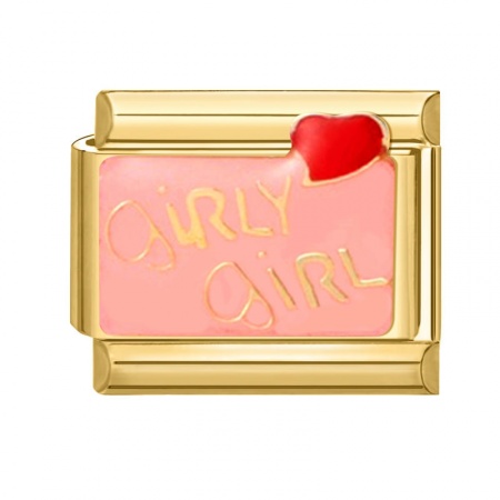 Picture of 1 Piece 304 Stainless Steel Valentine's Day Italian Charm Links For DIY Bracelet Jewelry Making Gold Plated Pink Rectangle Heart Message " Girly Girl " 10mm x 9mm