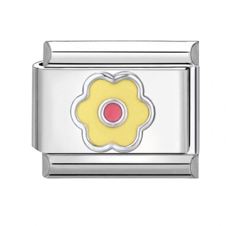 Picture of 1 Piece 304 Stainless Steel Italian Charm Links For DIY Bracelet Jewelry Making Silver Tone Yellow Rectangle Flower 10mm x 9mm