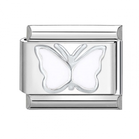 Picture of 1 Piece 304 Stainless Steel Italian Charm Links For DIY Bracelet Jewelry Making Silver Tone White Rectangle Butterfly 10mm x 9mm