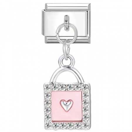 Picture of 1 Piece 304 Stainless Steel Valentine's Day Italian Charm Links For DIY Bracelet Jewelry Making Wholesale Silver Tone Pink Lock Heart 10mm x 9mm