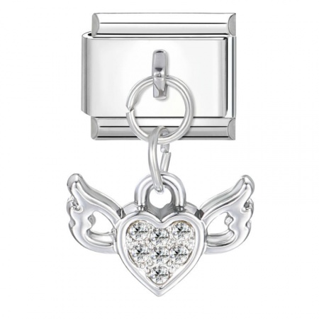 Picture of 1 Piece 304 Stainless Steel Valentine's Day Italian Charm Links For DIY Bracelet Jewelry Making Wholesale Silver Tone Wing Heart 10mm x 9mm
