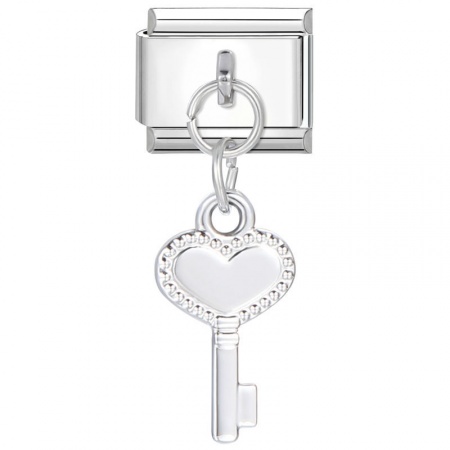 Picture of 1 Piece 304 Stainless Steel Valentine's Day Italian Charm Links For DIY Bracelet Jewelry Making Wholesale Silver Tone Key Heart 10mm x 9mm