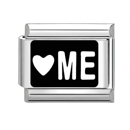 Picture of 1 Piece 304 Stainless Steel Italian Charm Links For DIY Bracelet Jewelry Making Silver Tone Black Rectangle Message " me " 10mm x 9mm