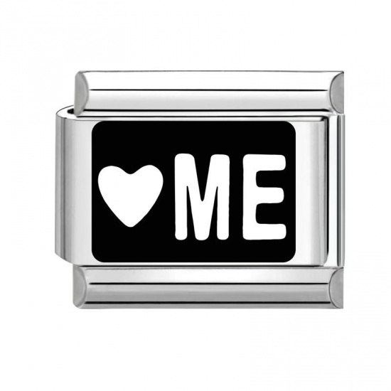 Immagine di 1 Pz 304 Acciaio Inossidabile Bracciale con Charm Italiano a Maglie, Creazione di Gioielli Fai-da-te Tono Argento Nero Rettangolo Messaggio " me " 10mm x 9mm