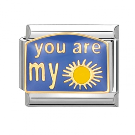 Picture of 1 Piece 304 Stainless Steel Italian Charm Links For DIY Bracelet Jewelry Making Silver Tone Blue Rectangle Message " YOU ARE MY Sunshine " 10mm x 9mm