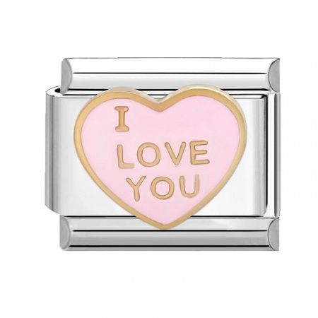 Picture of 1 Piece 304 Stainless Steel Valentine's Day Italian Charm Links For DIY Bracelet Jewelry Making Silver Tone Pink Rectangle Heart Message " I Love you " 10mm x 9mm