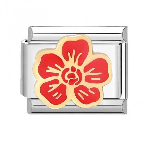 Image de 1 Pièce Bracelet à Maillons Breloques Italiens Accessories de Fabrication de Bracelets Bijoux DIY en 304 Acier Inoxydable Argent Mat Rouge Rectangle Fleurs 10mm x 9mm