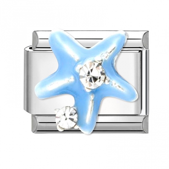 Immagine di 1 Pz 304 Acciaio Inossidabile Bracciale con Charm Italiano a Maglie, Creazione di Gioielli Fai-da-te Tono Argento Blu Rettangolo Stella Marina 10mm x 9mm