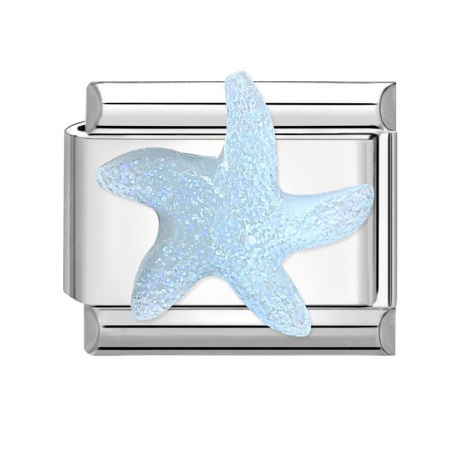Picture of 1 Piece 304 Stainless Steel Italian Charm Links For DIY Bracelet Jewelry Making Silver Tone Light Blue Rectangle Starfish 10mm x 9mm
