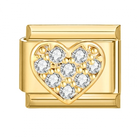 Picture of 1 Piece 304 Stainless Steel Valentine's Day Italian Charm Links For DIY Bracelet Jewelry Making Gold Plated Rectangle Heart Clear Rhinestone 10mm x 9mm