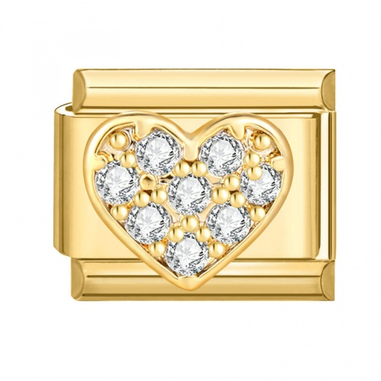 Bild von 1 Stück 304 Edelstahl Valentinstag Charm-Armband mit italienischen Gliedern zur Herstellung von DIY-Schmuck Vergoldet Rechteck Herz Transparent Strass 10mm x 9mm
