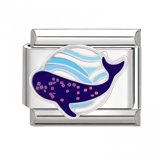 Immagine di 1 Pz 304 Acciaio Inossidabile Bracciale con Charm Italiano a Maglie, Creazione di Gioielli Fai-da-te Tono Argento Blu Rettangolo Balena 10mm x 9mm